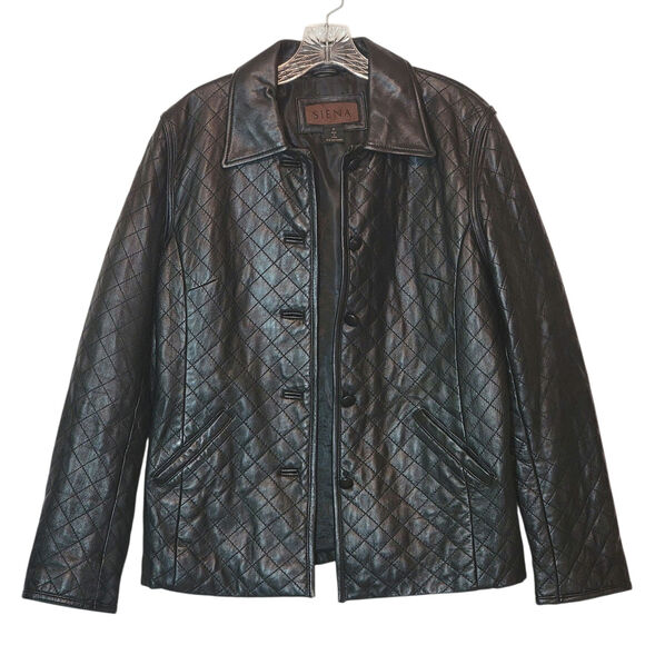 SIENA Black Genuine Leather Jacket Button Down Front Quilted Classic Chic 10 - Picture 1 of 16